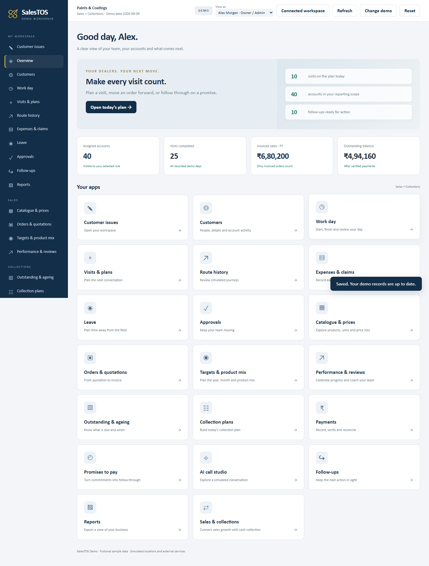 SalesTOS demo manager overview with fictional accounts and activity