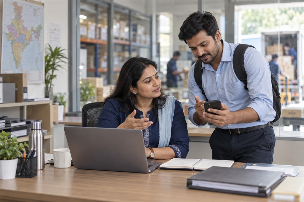Illustrative sales manager and field representative reviewing work in an Indian distributor office