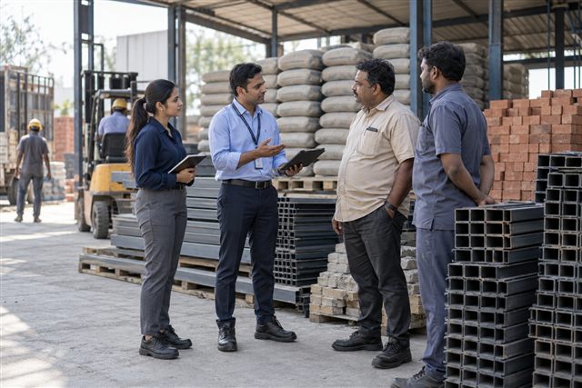 Field representatives meeting building-material suppliers at a warehouse