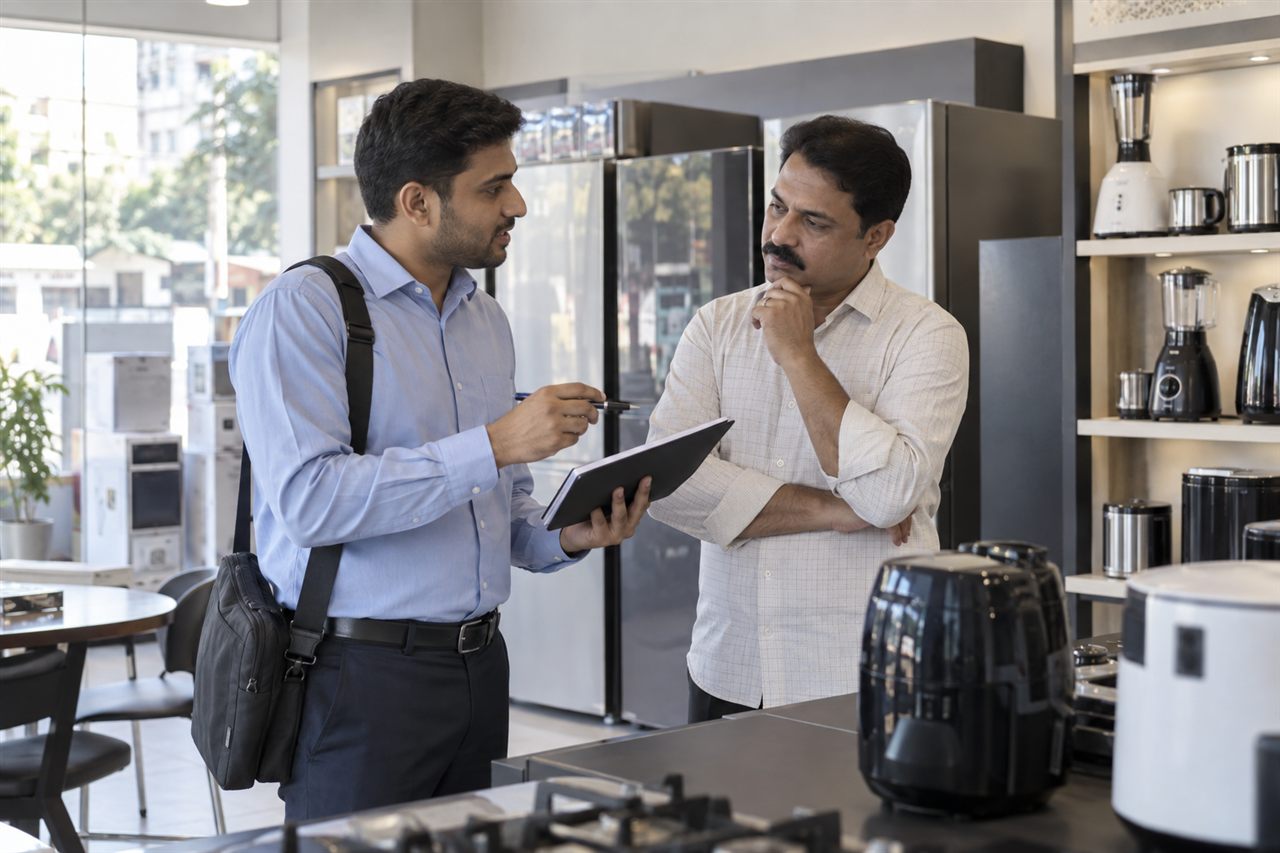 A representative using a phone while discussing a customer visit with an appliance dealer