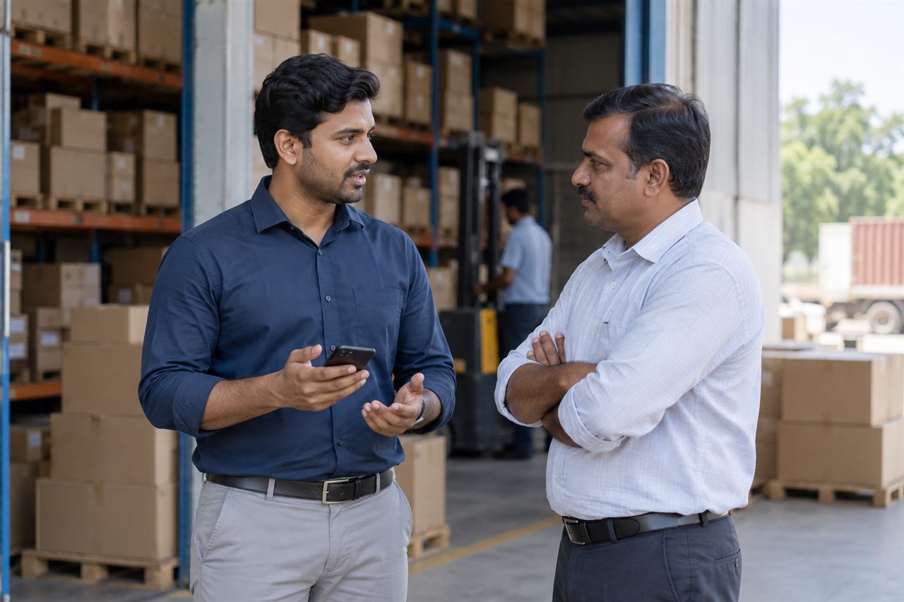 Field representative speaking with a distributor at an Indian warehouse