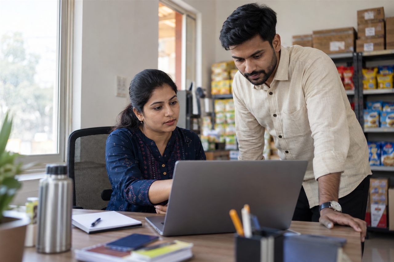A manager and colleague reviewing team activity on a laptop